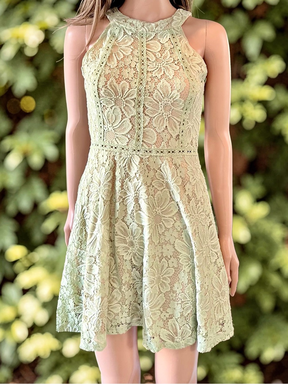 Crystal Doll Lace Halter Dress Sage Green Nude Lined Fit & Flare Small